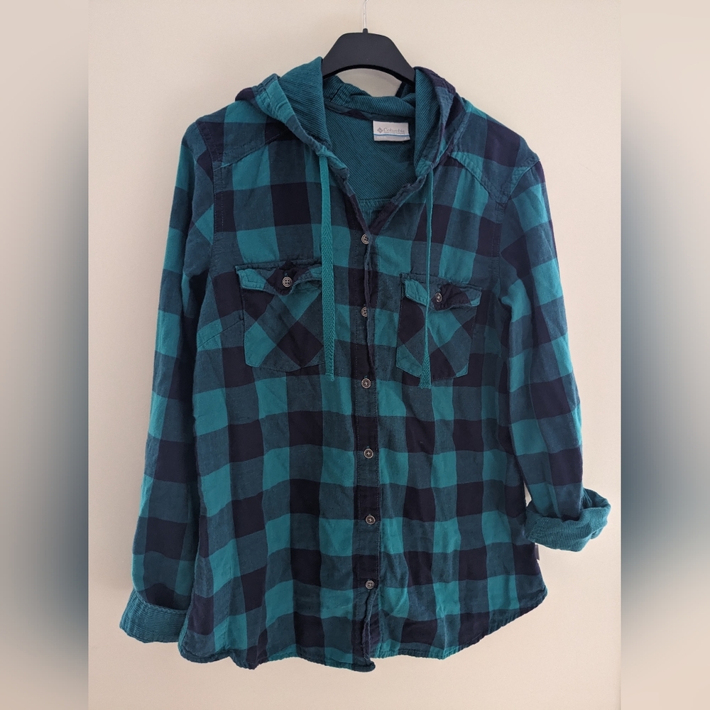 Columbia Plaid Button Down Cotton Hooded Shirt Teal Navy Blue Size S